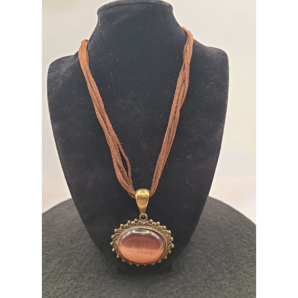 Bohemian Suede Necklace w/ Ornate Bronze Tone Frame & Reddish Cat's Eye Cabochon